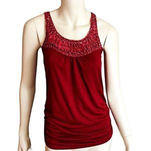 Forever 21 Y2K Sequin Tank Top | Red Sparkle, Ruched Sides, Size M